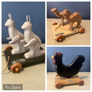 Henn Workshops Lot of 3 Wooden Animal Pull Toys Set - Rooster, Kangaroo, Camels